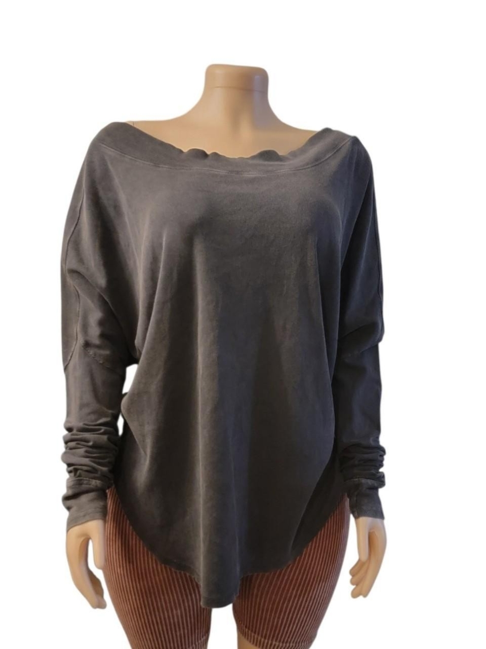 Free People Washed Off-Shoulder Long Sleeve Top in Charcoal Gray